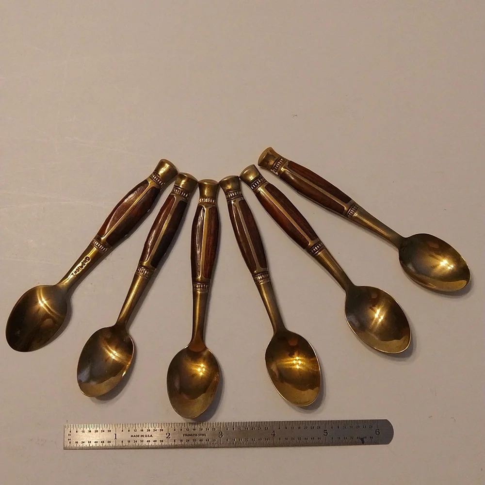 6 Vintage Brass and Rosewood Demitasse Spoons in Original Red Velvet case